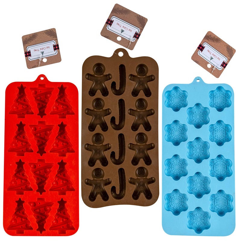 REGENT Holiday Silicone Ice Cube Tray, Candy Molds in 3 Assorted Trays: Red Christmas Tree, Powder Blue Snowflake, Dark Brown Gingerbread Man and Candy Cane - Image 1